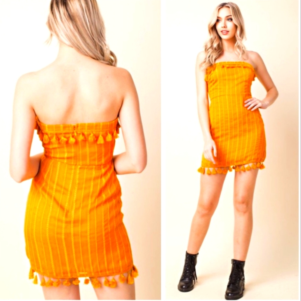 Wild Honey Golden Mustard Strapless Dress with Tassel Hem Mini